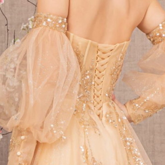 NEW OFF THE SHOULDER A-LINE EMBROIDERED SEQUINS DRESS WITH LACE UP BACK GL3118 - Picture 10 of 11